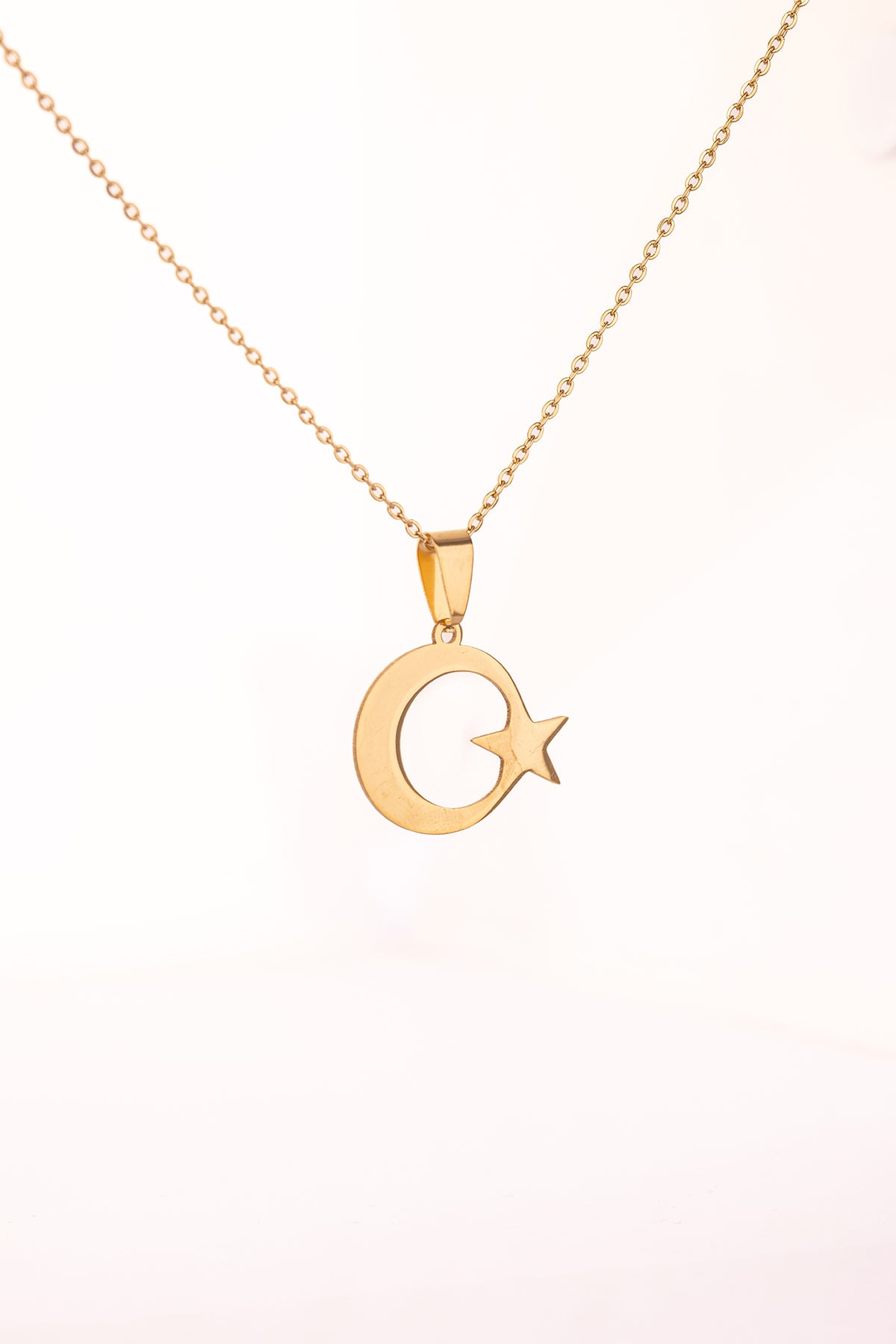 Altın Renk Ay Yıldız Çelik Kolye Kararmaz Paslanmaz Çelik Anlamlı ve Şık (Unisex)