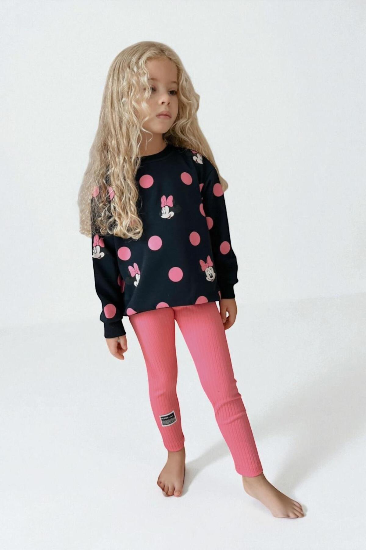 Kız Çocuk Desenli Sweatshirt Tayt Takımı Rahat Esnek Kumaş - Pembe