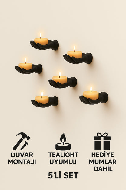 5’li El Figürlü Dekoratif Tealight Mumluk Seti Yapıştırılabilir Hediyelik Mumlar Dahil