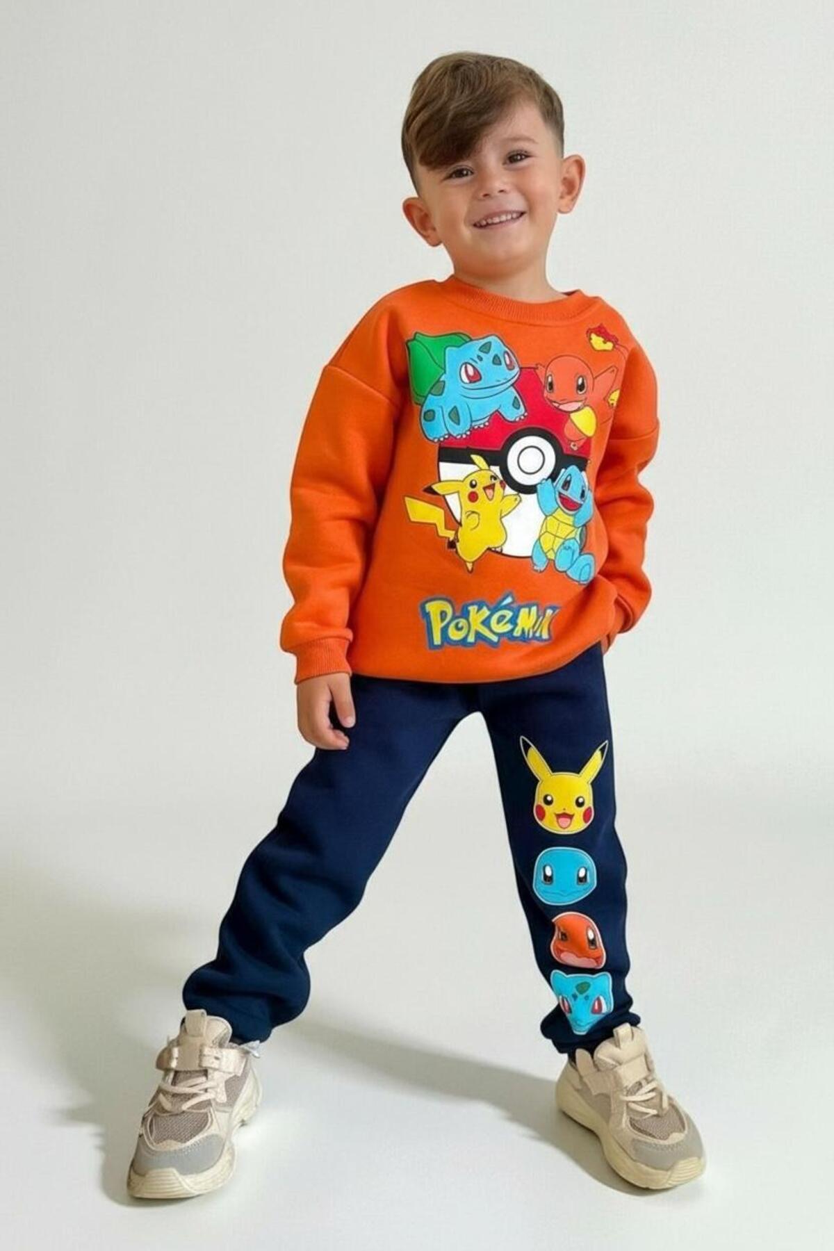Erkek Çocuk Kışlık Renkli Baskılı Sweatshirt 2 li Eşofman Takım - Turuncu