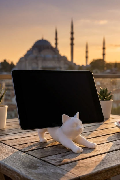 Beyaz Kedi Telefon Tablet Tutucu 10 x 10 cm