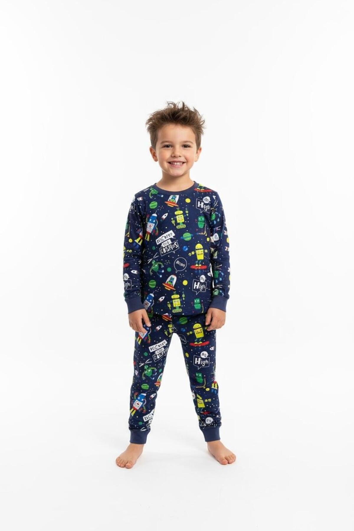 Baskılı Erkek Çocuk Pijama Takımı | Dinazor, Robot, Araba Desenli Uzun Kollu Eşofman Ev Giyim
