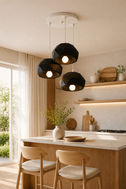 Siyah 3 Lü Geometrik Avize Salon PLA Dayanıklı Dekoratif Sarkıt Aydınlatma Ayarlanabilir Kablo