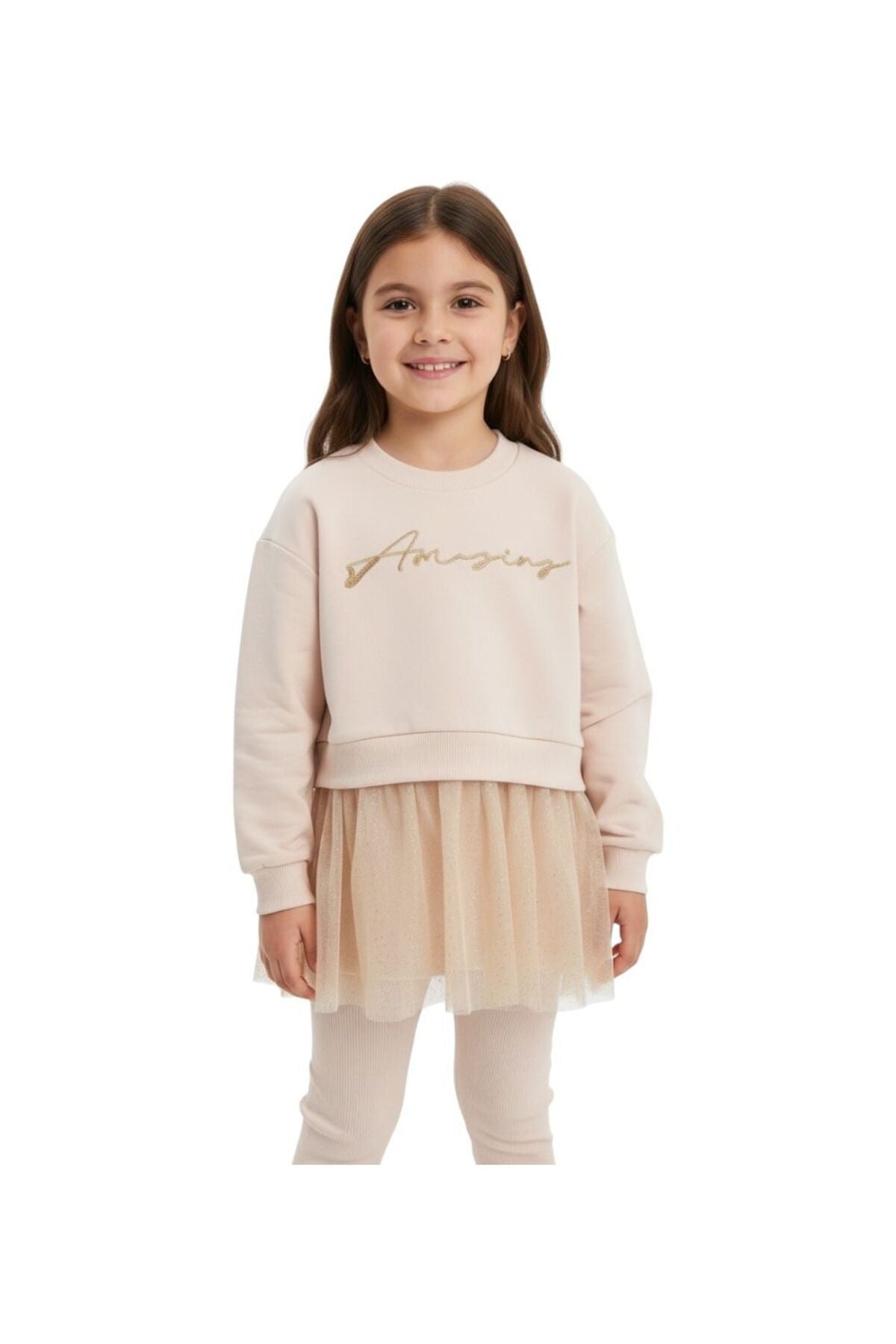 Tüllü Etekli Amazing Yazılı Ekru Kız Çocuk Taytlı Sweatshirt | Konforlu Günlük Stil - Krem