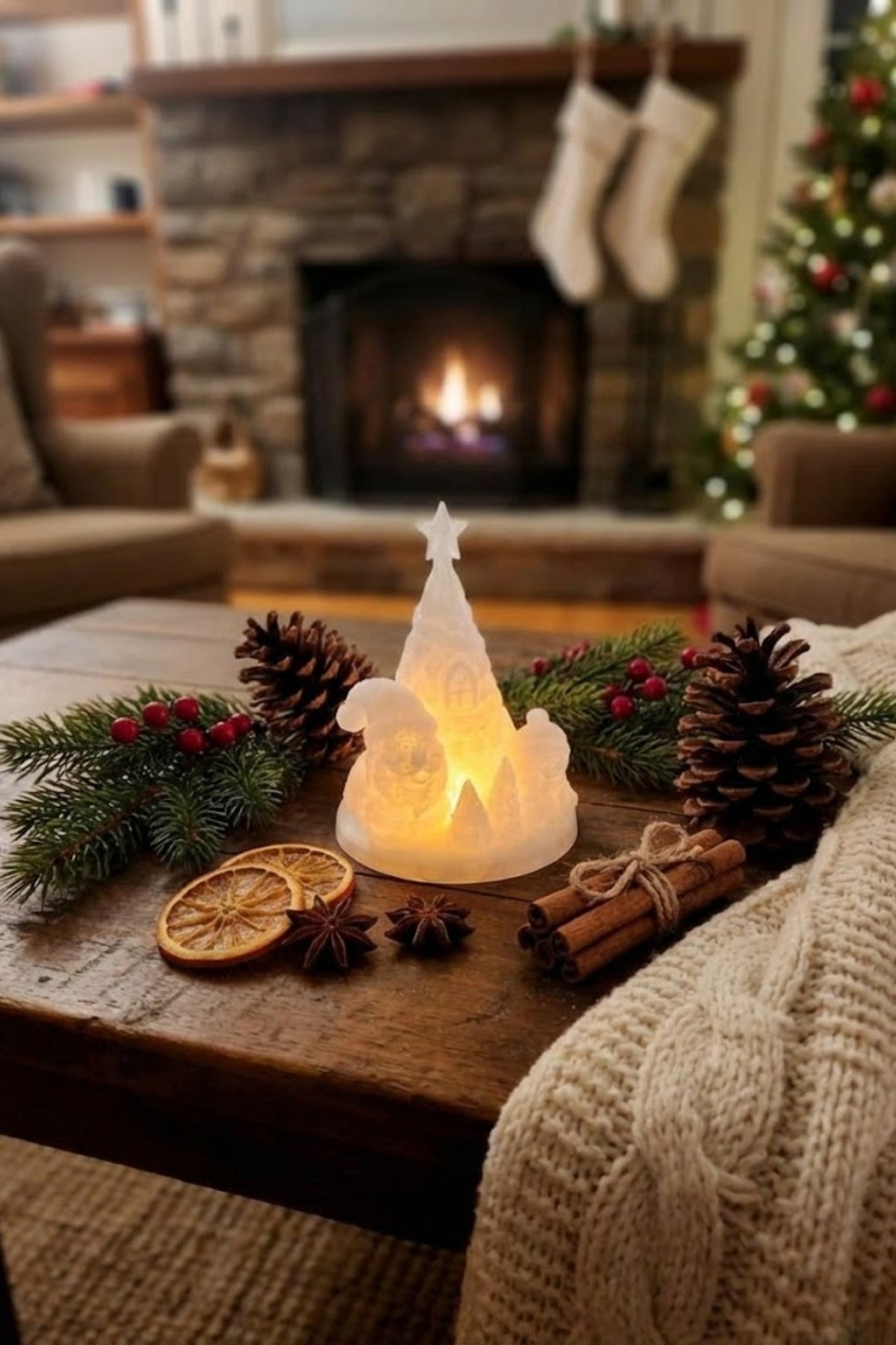 Tealight Mum Dahil 3D Yılbaşı Figürü, Noel Baba, 15x9 cm Masa Üstü Işıklı Yeni Yıl Süsü