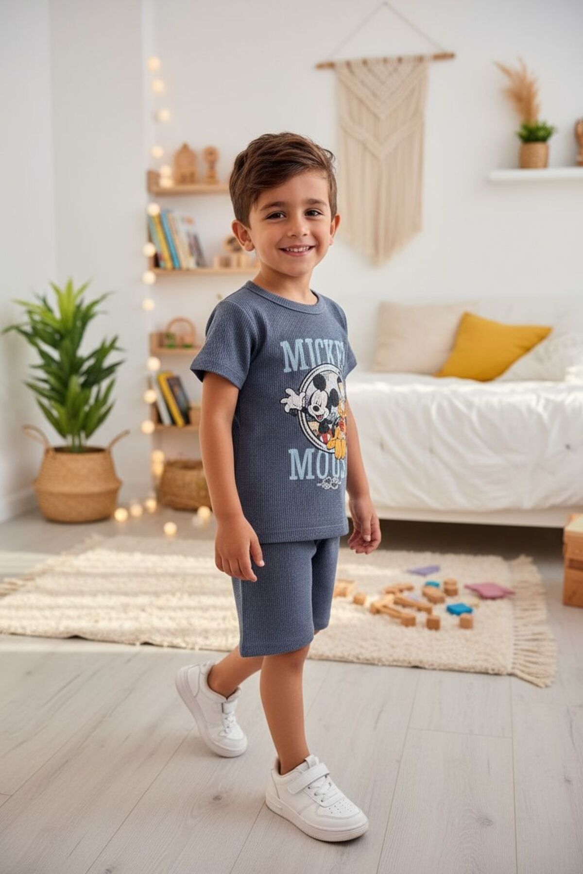 İndigo/ Gri Fitilli Çocuk Takımı | Yazlık Kısa Kollu T-shirt Şort Seti | Çok Renk Seçeneği baskılı - Mavi