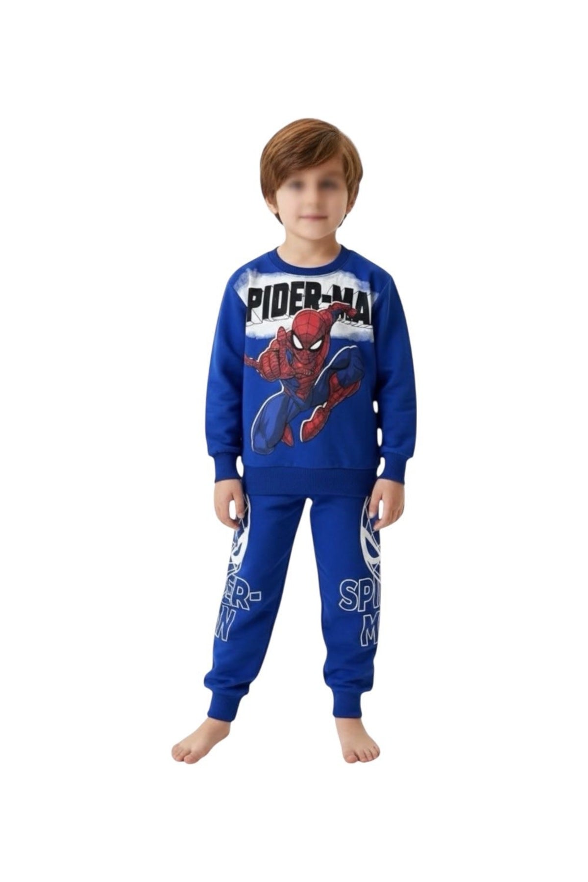 Süper Kahraman Baskılı Mavi Erkek Çocuk Eşofman Takımı / Kışlık 2 İplik Sweat Alt Üst Set - Mavi