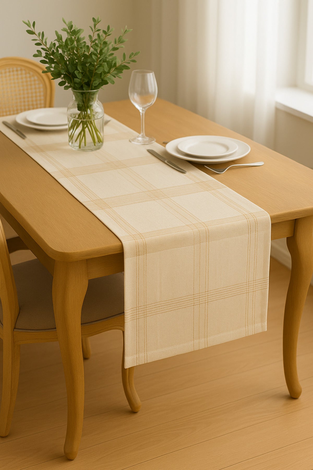 Jasmin Keten Krem Bohem Şık Masa Örtüsü Runner 35x150 cm