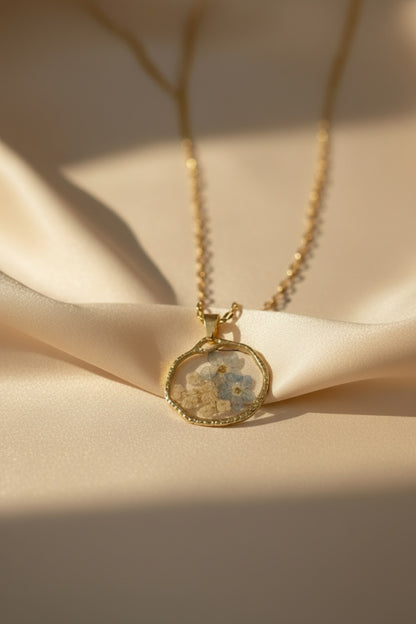Minimal Çiçek Detaylı Cam Kolye – Gold & Silver Paslanmaz Çelik Kolye