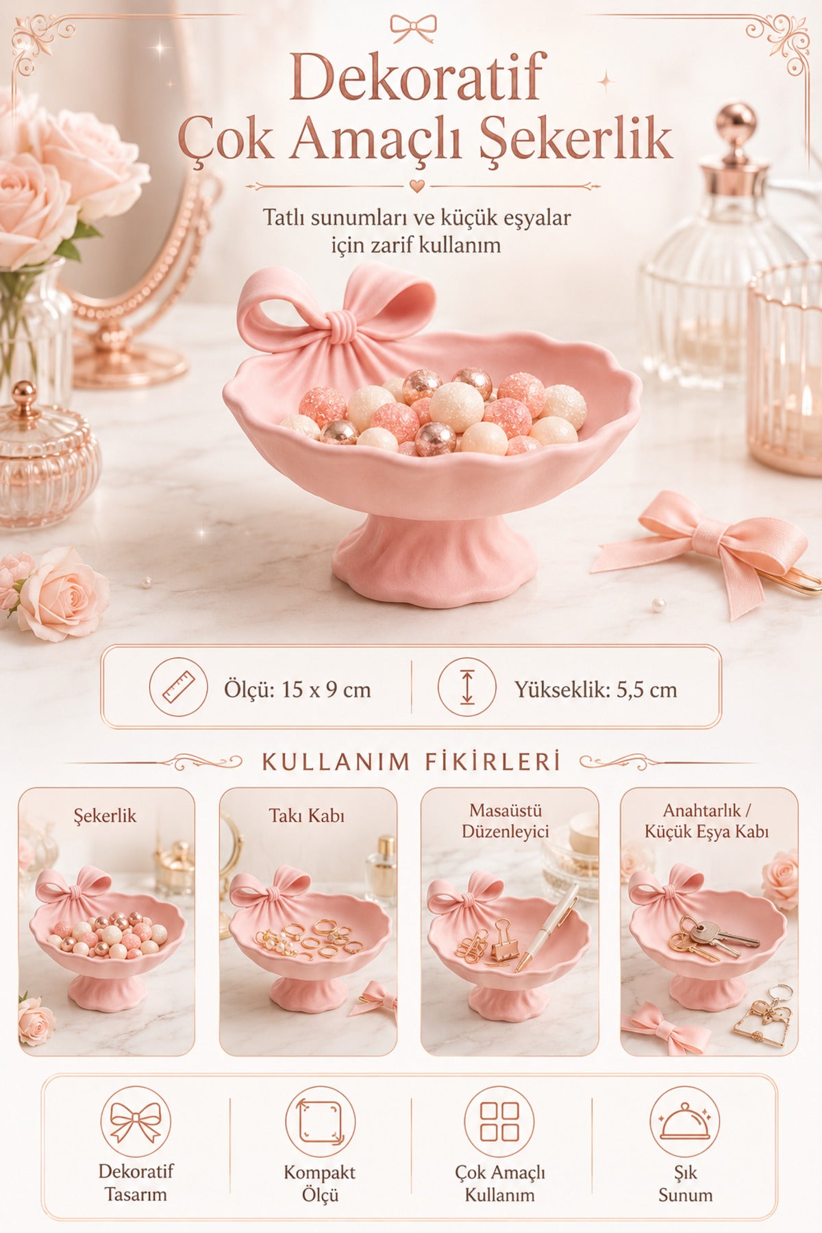 Fiyonk Detaylı Pembe Mini Sunum Sepeti Kahve Köşesi Çikolata Sunumluk Masa Dekoru