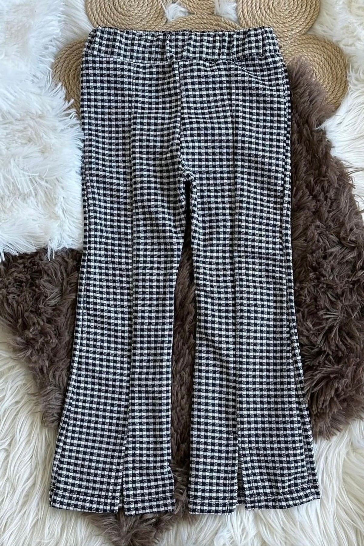 Kız Çocuk Ekose Desenli Esnek Tayt Pantolon – Yırtmaçlı Rahat Günlük Model