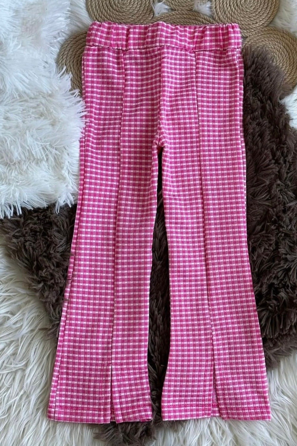 Kız Çocuk Ekose Desenli Esnek Tayt Pantolon – Yırtmaçlı Rahat Günlük Model