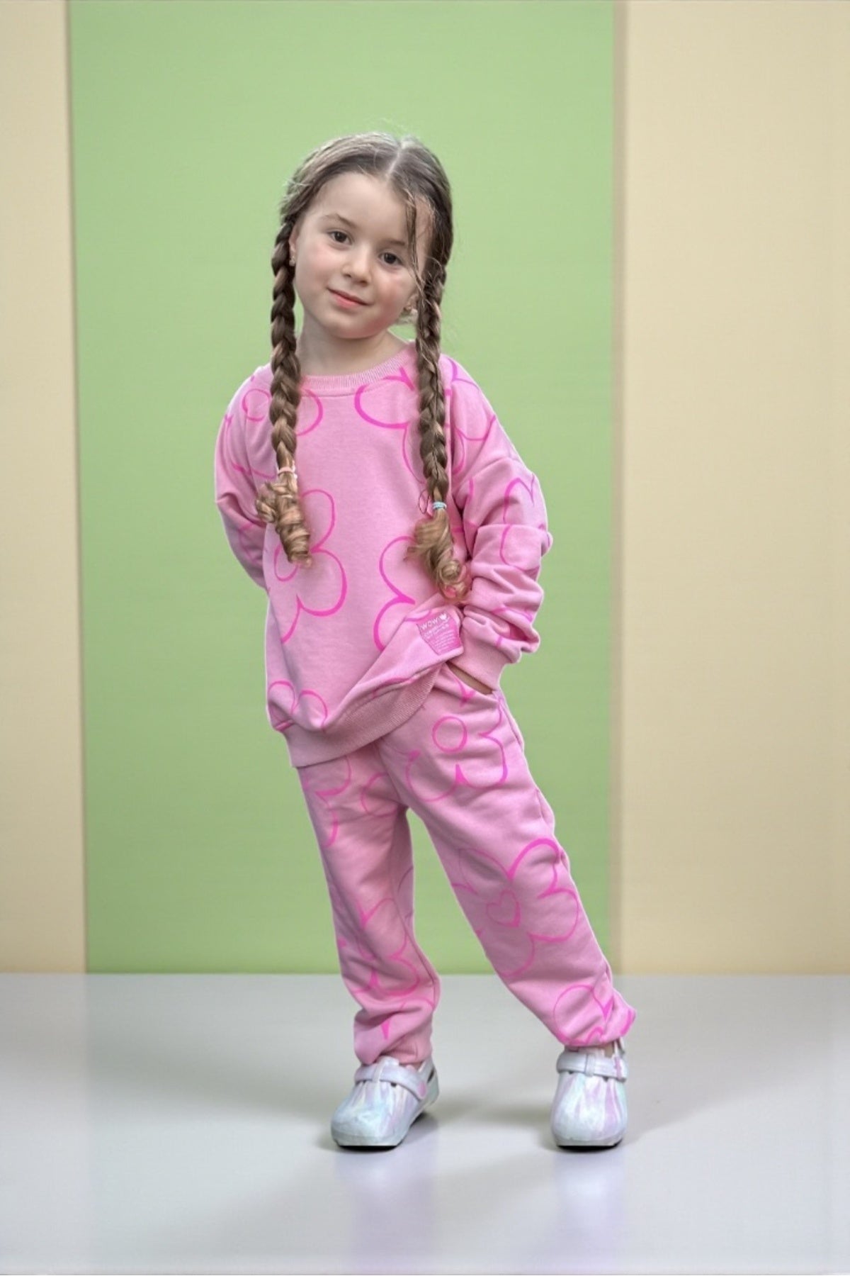 Kız Çocuk Sweatshirt Eşofman Takımı Pamuklu Desenli Alt Üst Takım - Pembe