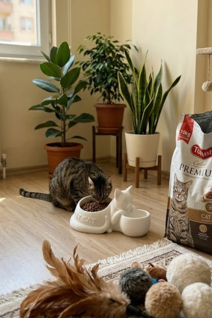 Kedi Figürlü Mama Kabı Çift Hazneli Dekoratif Mama ve Su Kabı 25 cm