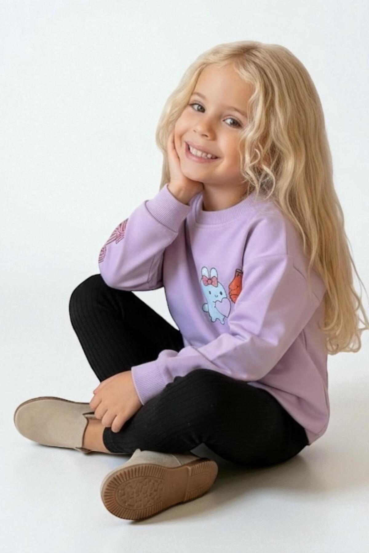 Kız Çocuk Desenli Sweatshirt Tayt Takımı Rahat Esnek Kumaş - Mor