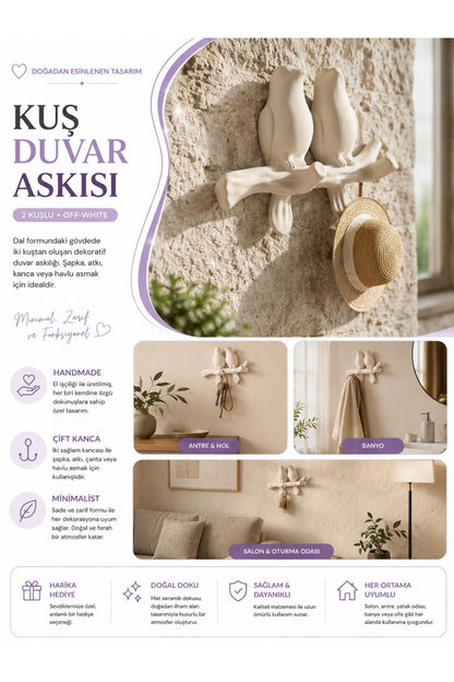 3D Minimal Kuş Duvar Askısı 17 x 17 cm, Dekoratif Anahtarlık Çanta Askılığı