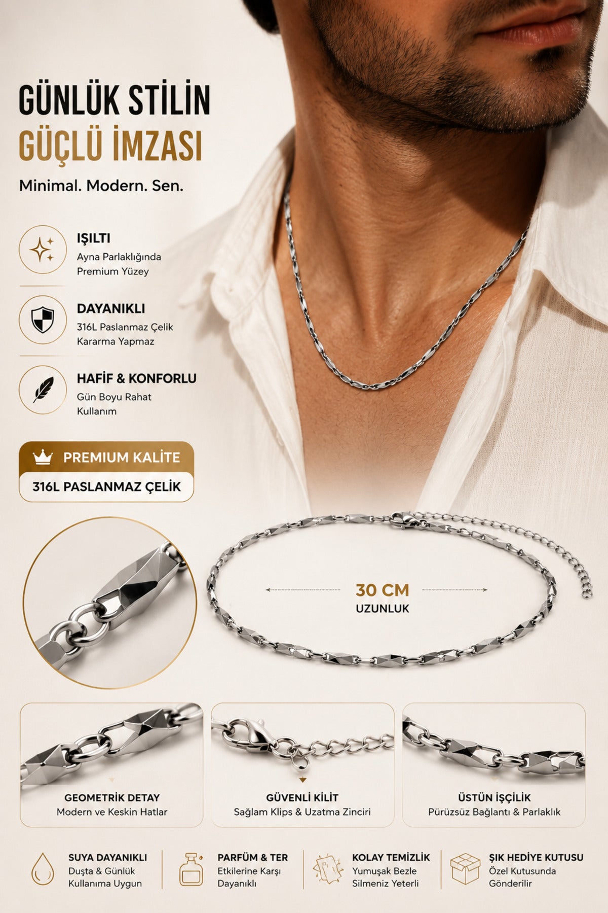 Silver Çelik Erkek Kolye Smart Casual Gömlek Kombin Zincir