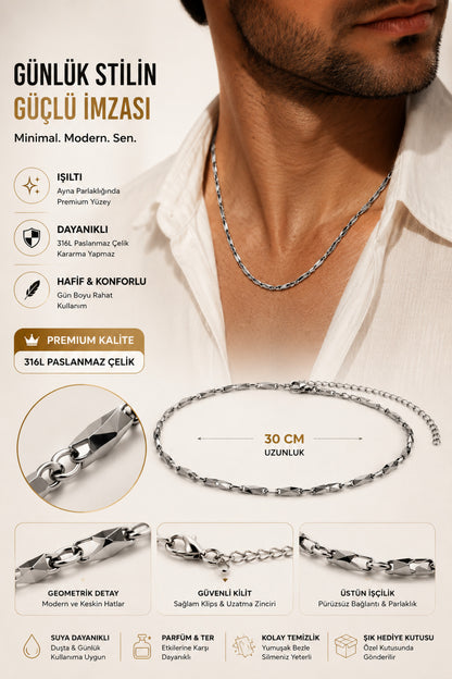 Silver Çelik Erkek Kolye Smart Casual Gömlek Kombin Zincir