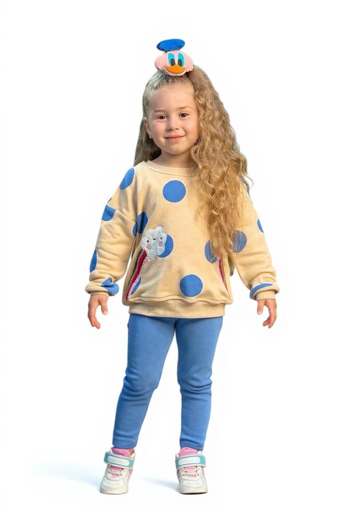 Kız Çocuk Desenli Sweatshirt Tayt Takımı Rahat Esnek Kumaş - Mavi