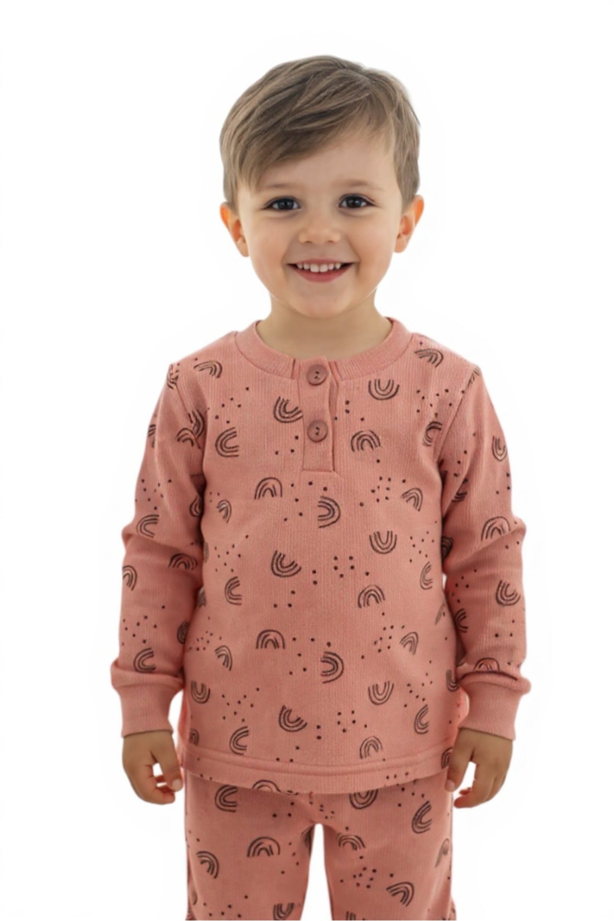 Kız/Erkek Çocuk Uzun Kol Desenli Pamuklu Pijama Takımı Waffle Kumaş