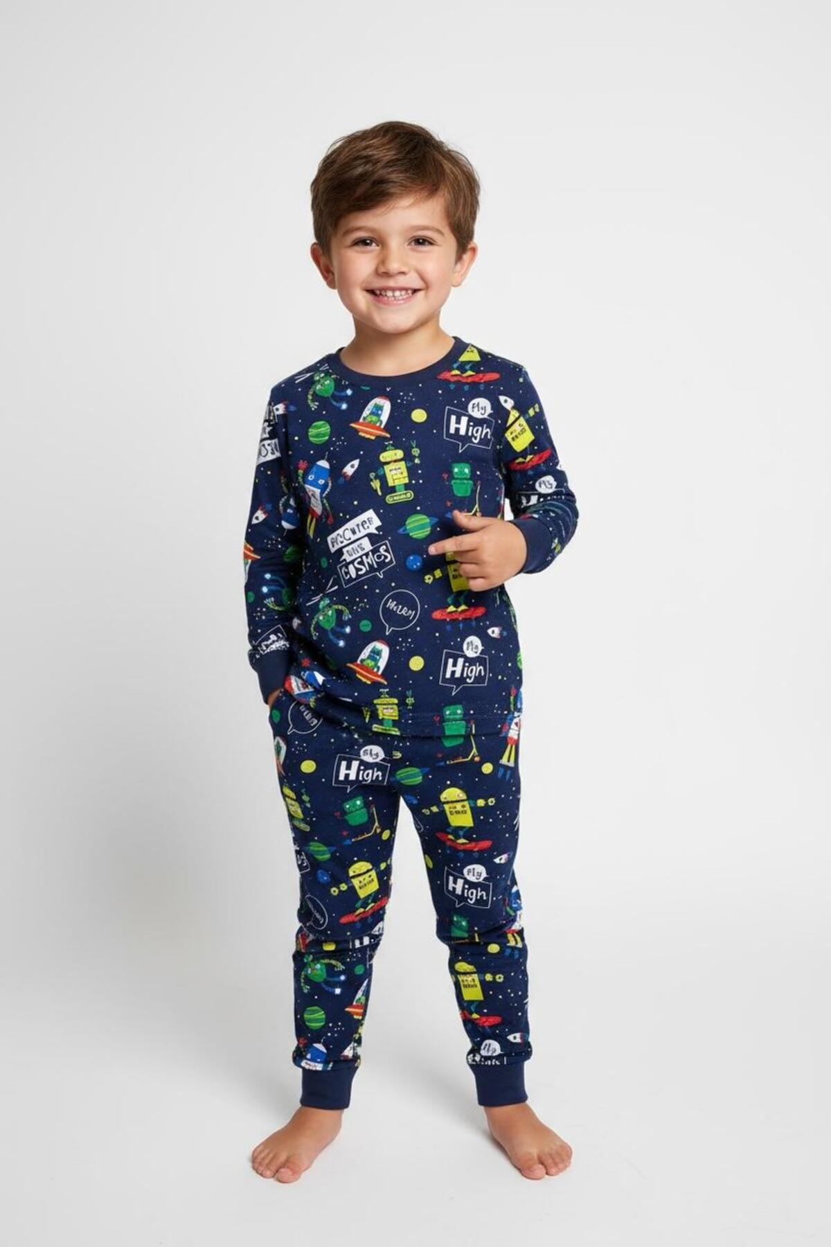 Baskılı Erkek Çocuk Pijama Takımı | Dinazor, Robot, Araba Desenli Uzun Kollu Eşofman Ev Giyim