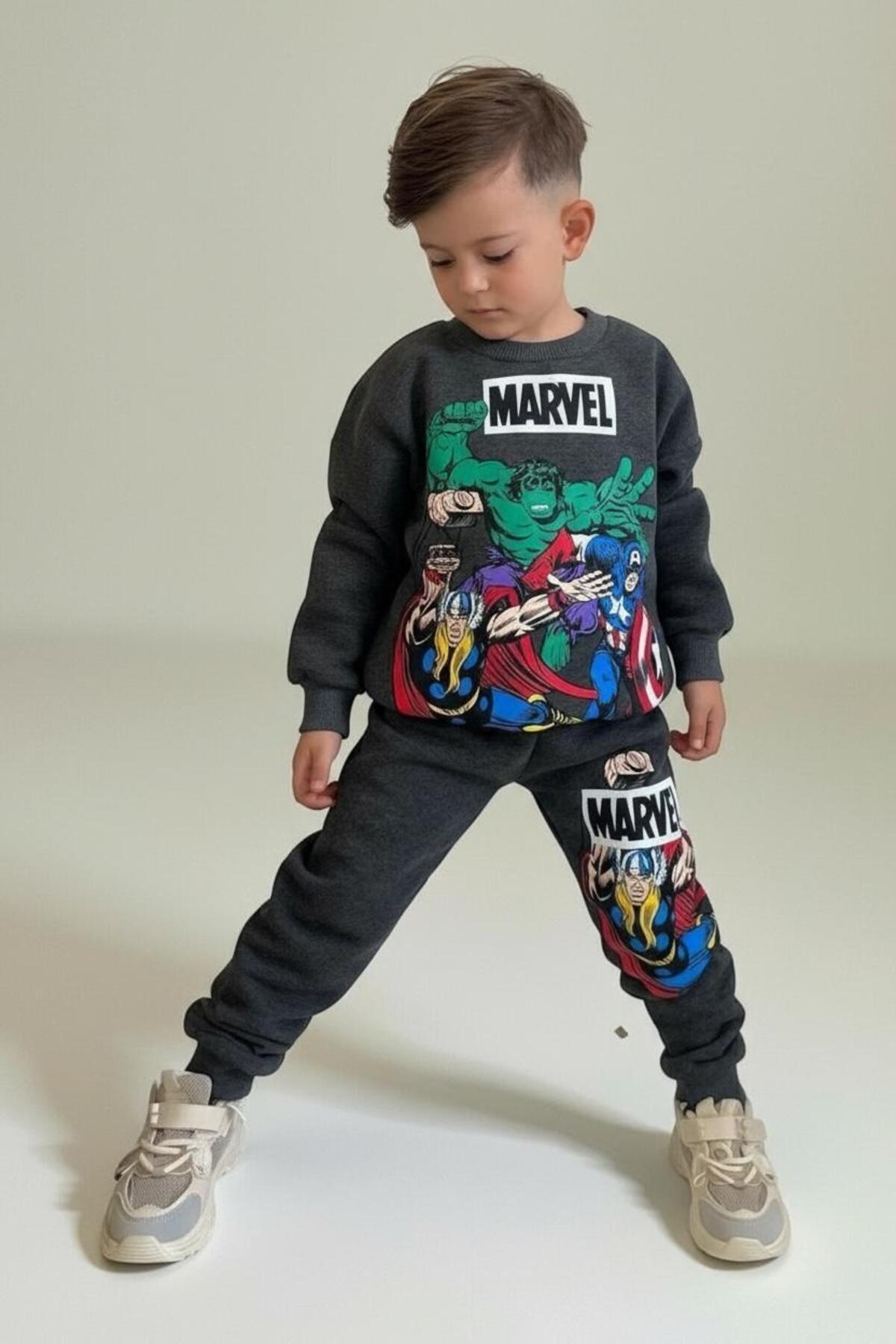 Erkek Çocuk Kışlık Renkli Baskılı Sweatshirt 2 li Eşofman Takım - Gri