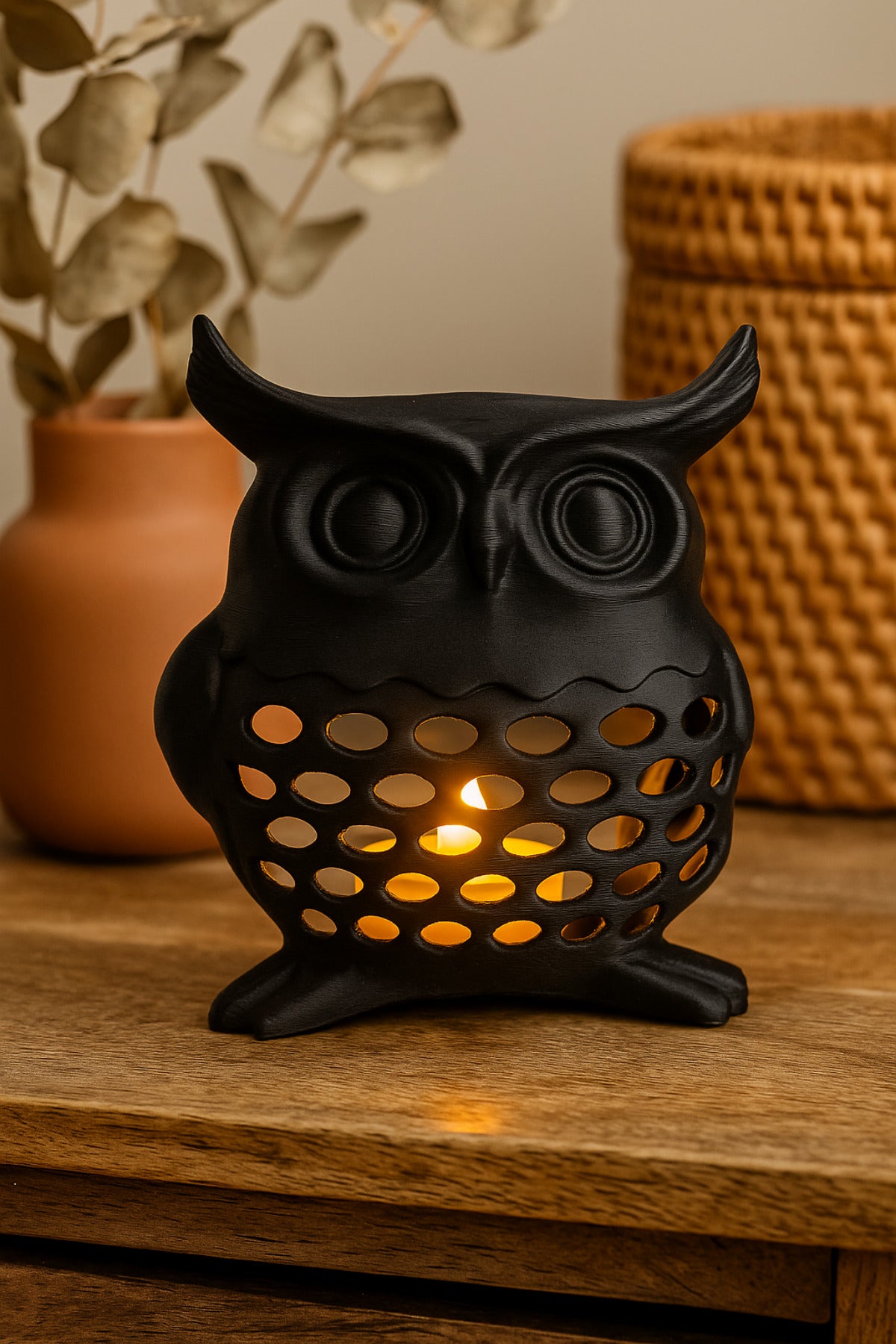 3D Dekoratif Baykuş Mumluk, Tealight Mumluk, Bohem Rustik Ev Dekoru, Hediyelik Romantik Aydınlatma