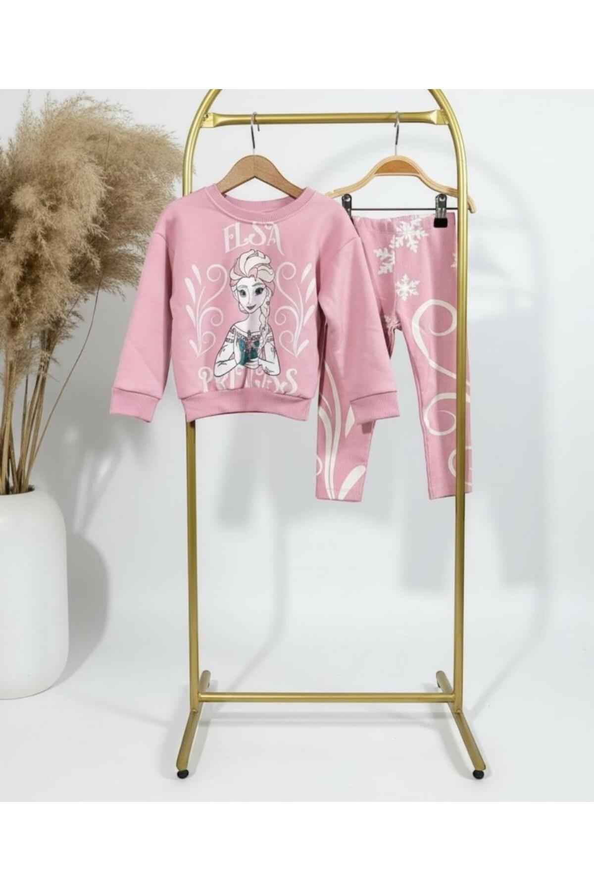 Elsa Prenses Baskılı Pembe Kız Çocuk Sweatshirt ve Tayt Takımı | Kışlık Pamuklu Kombin - Pembe