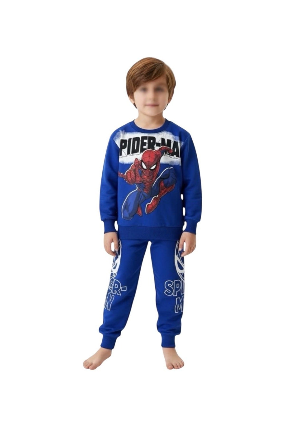 Süper Kahraman Baskılı Mavi Erkek Çocuk Eşofman Takımı / Kışlık 2 İplik Sweat Alt Üst Set