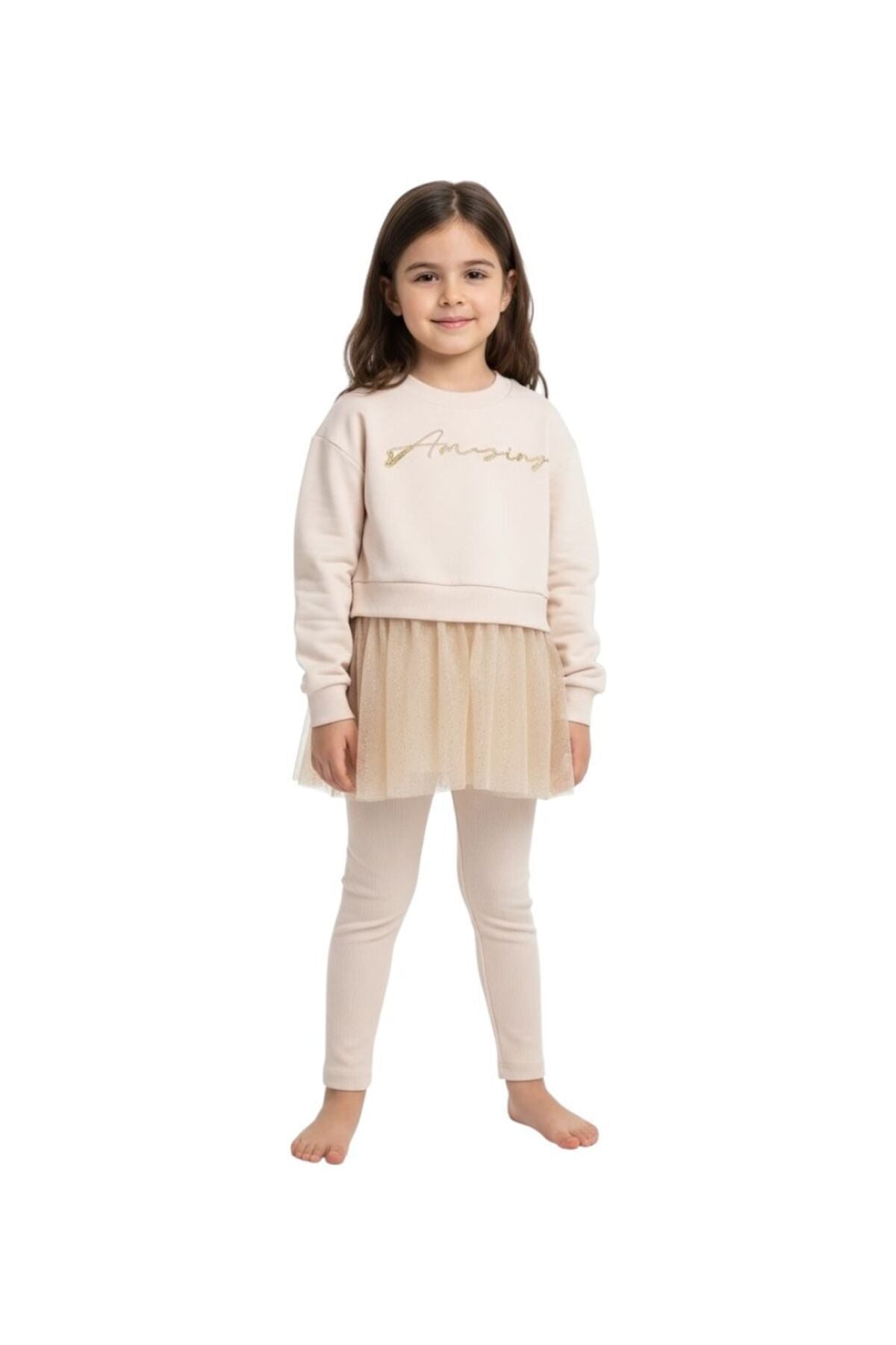 Tüllü Etekli Amazing Yazılı Ekru Kız Çocuk Taytlı Sweatshirt | Konforlu Günlük Stil - Krem