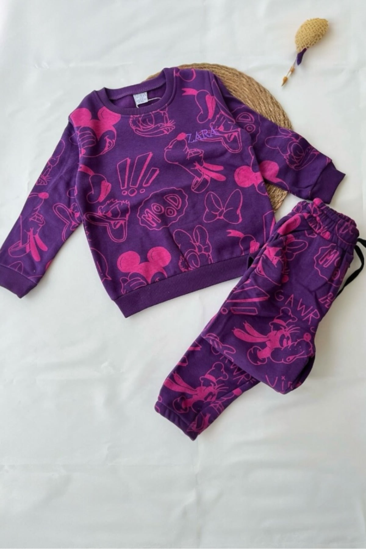 Mor Pembe Kız Çocuk Eşofman Takımı - Kapüşonsuz Sweatshirt - Mor