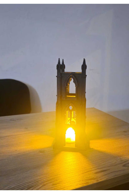 3D Siyah İskandinav Gotik Şato Tasarımlı Dekoratif LED Mumluk ve Ev Ofis Dekor Biblo