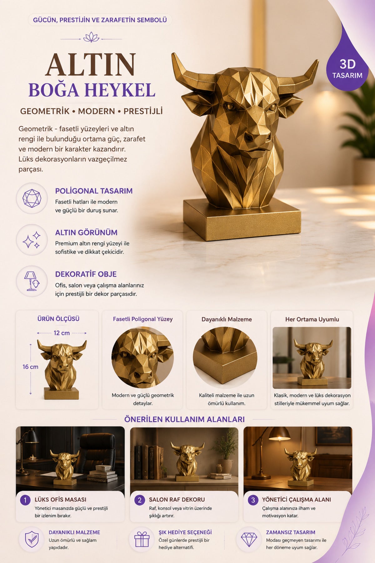 Dekoratif Büst Boğa Heykel Özel Tasarım 3d Hediye 12 x 16 Cm