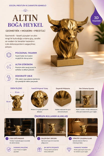 Dekoratif Büst Boğa Heykel Özel Tasarım 3d Hediye 12 x 16 Cm
