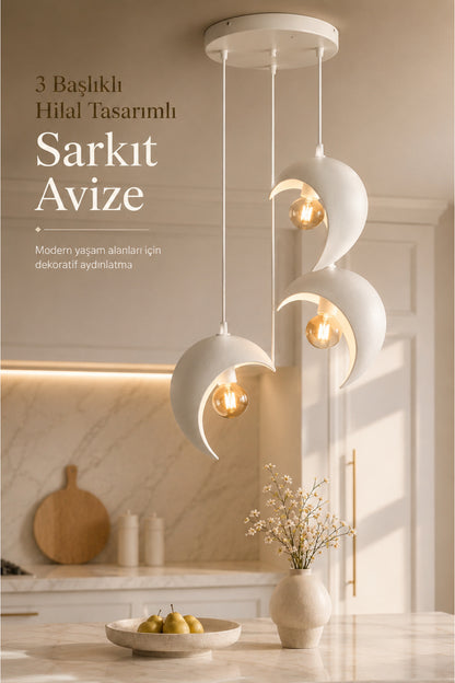 Beyaz Hilal Formlu 3’lü Sarkıt Avize, Modern Dekoratif Aydınlatma