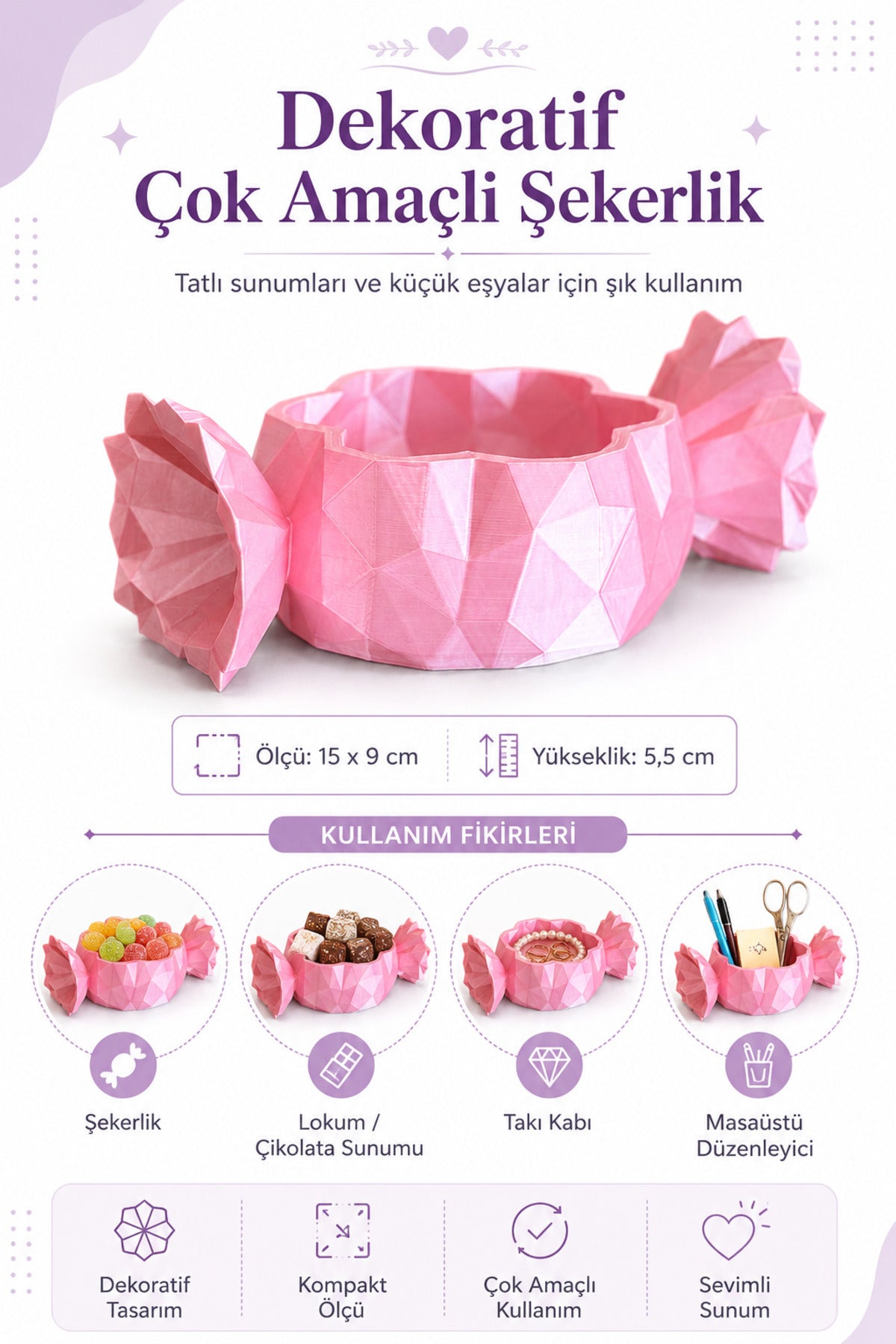 Geometrik Şeker Form Pembe Mini Sunumluk Takı Kabı Masaüstü Düzenleyici Obje