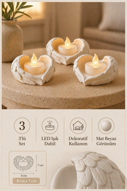Melek Işığı Seti 3’lü Melek Kanatlı LED Mum Dekoratif Tealight 8 x 7 cm
