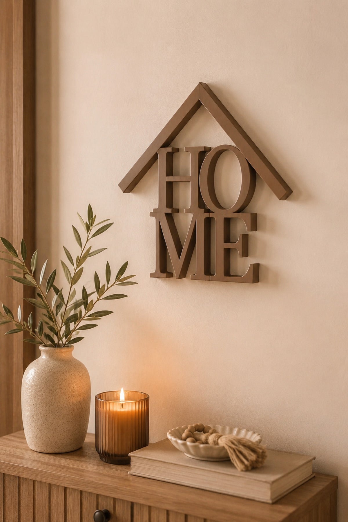 Dekoratif HOME Yazılı Ev Biblosu 15×15 cm | Modern Salon, TV Ünitesi, Konsol, Kitaplık ve Raf Süsü - Kahverengi