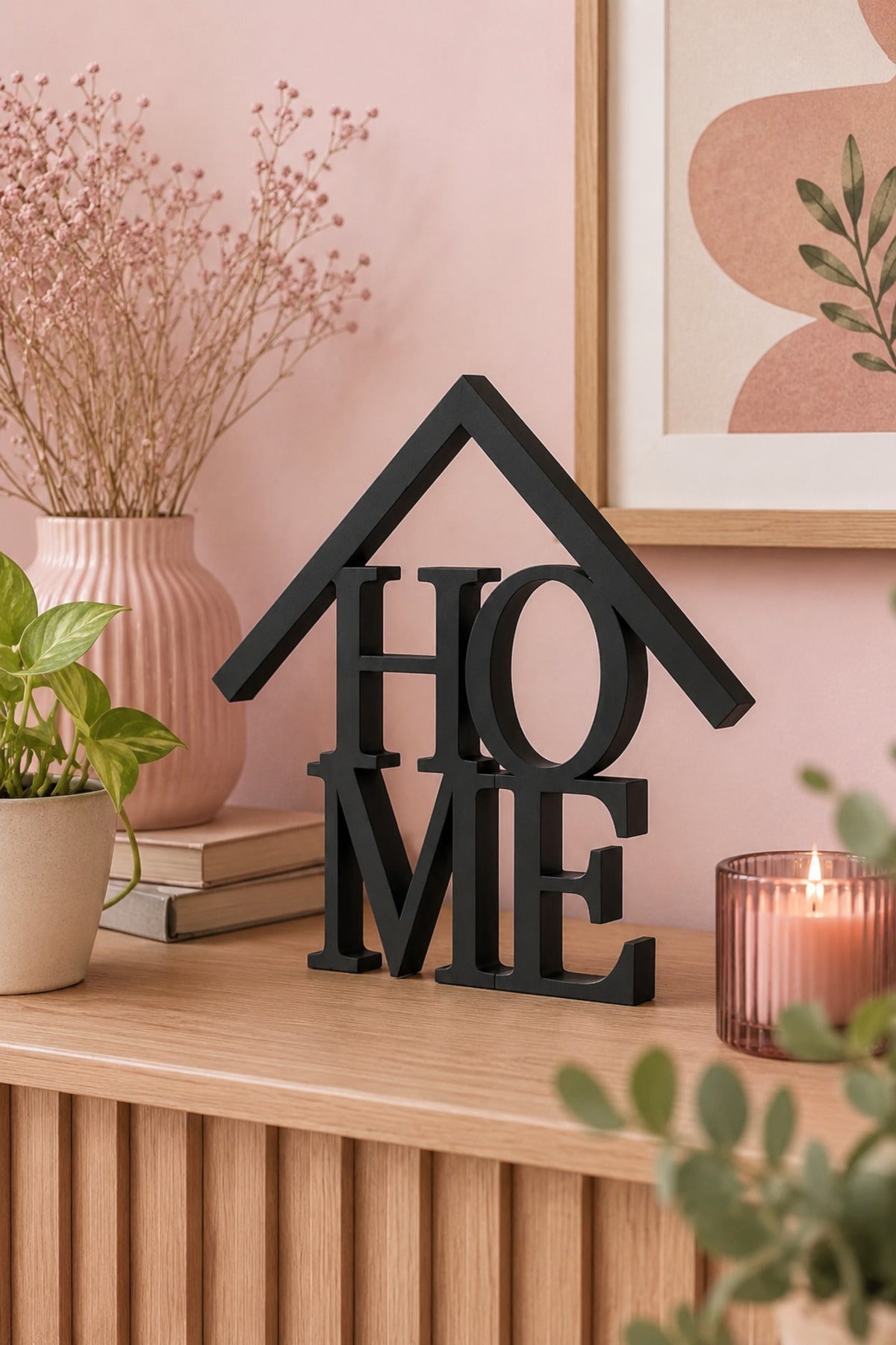 Dekoratif HOME Yazılı Ev Biblosu 15×15 cm | Modern Salon, TV Ünitesi, Konsol, Kitaplık ve Raf Süsü - Siyah