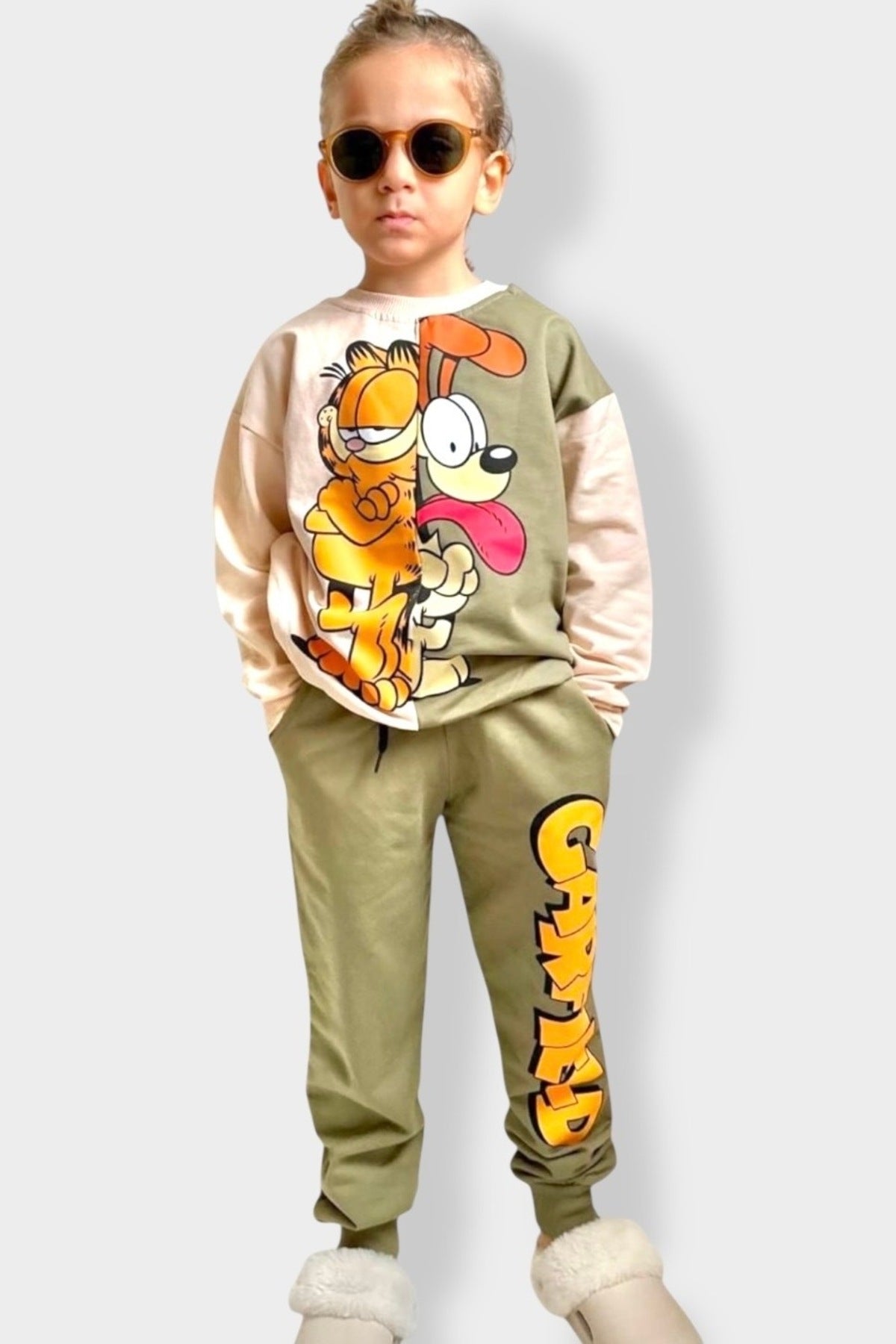 Erkek Çocuk Karakter Baskılı Alt Üst Takım Pamuklu Sweatshirt Eşofman Takımı - Haki