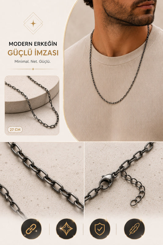 Mat Siyah Çelik Erkek Kolye Minimal Şehir Stili İnce Zincir