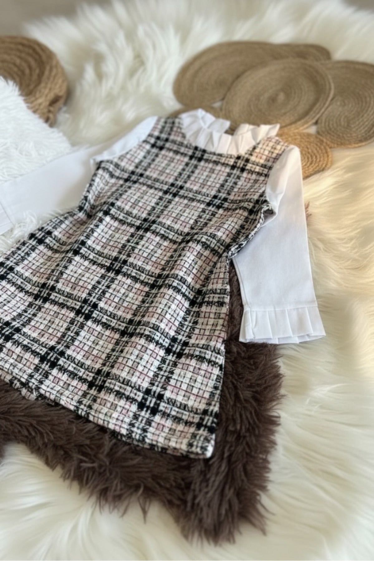 Kız Çocuk Vintage Şanel Kumaş Kareli Jile Elbise