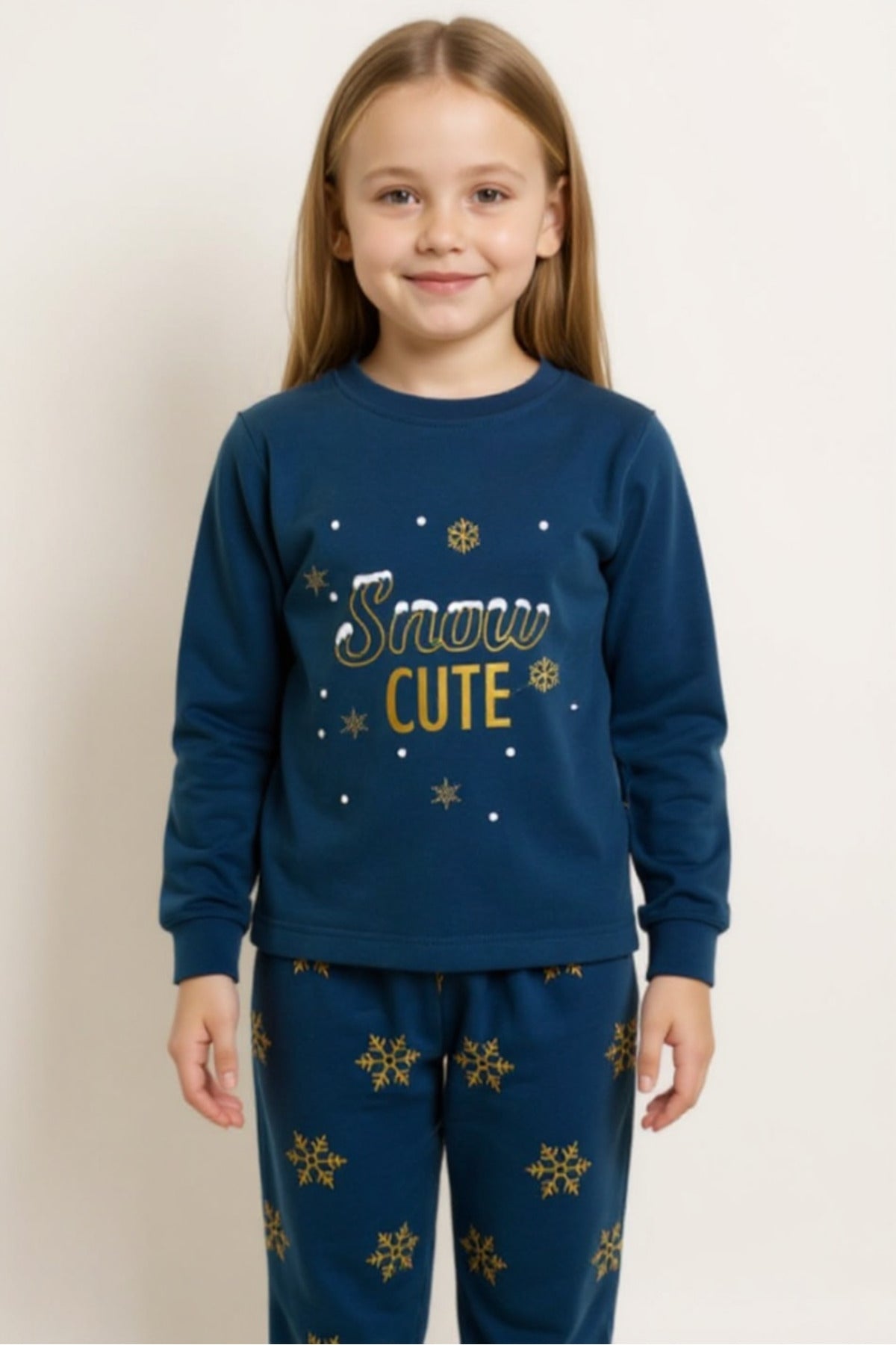Uzun Kollu Kız Çocuk Pijama Takımı-Baskılı,Pamuklu,Alt-Üst Takım Ev Giyim Desenli