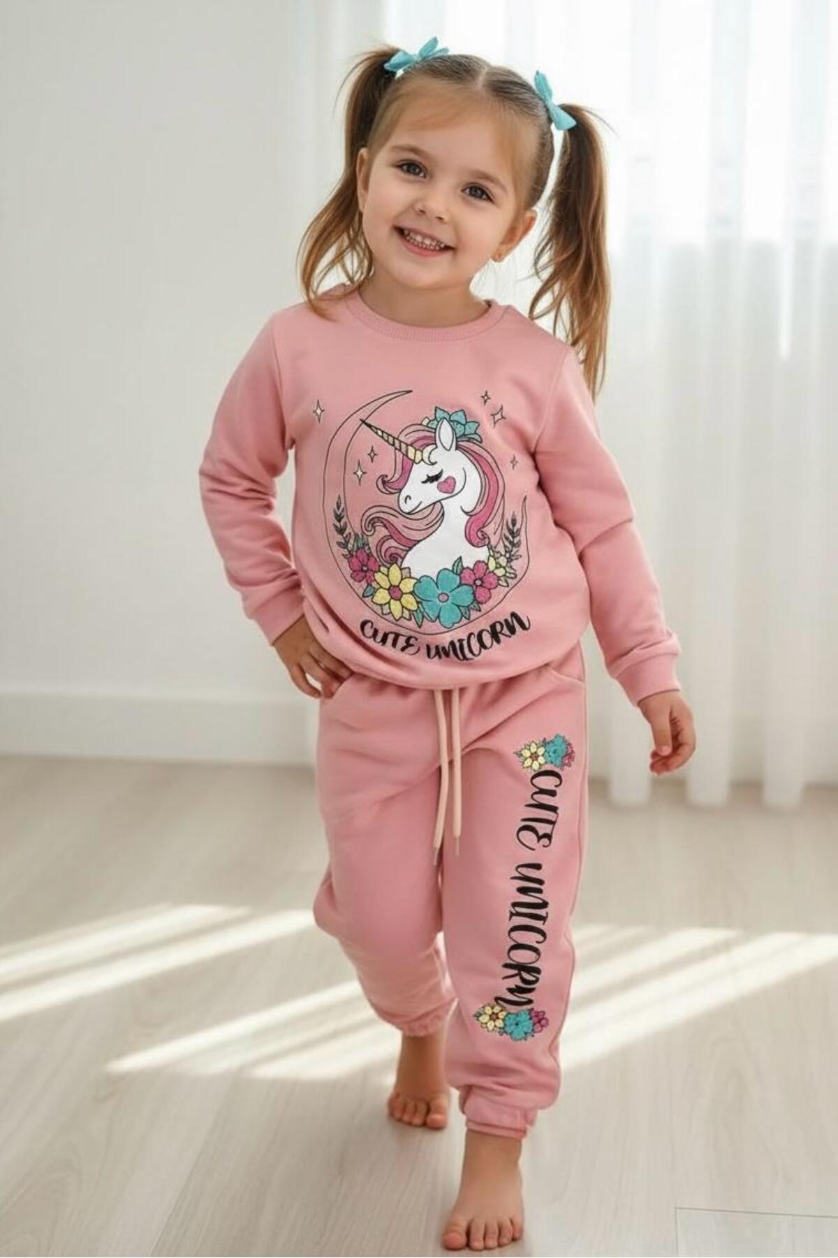 Kız Çocuk Sweatshirt Eşofman Takımı Pamuklu Desenli Alt Üst Takım - Çok Renkli