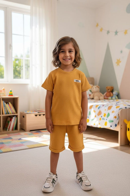 Hardal/Siyah/Bej Fitilli Çocuk Takımı | Yazlık Kısa Kollu T-shirt Şort Seti | Çok Renk Seçeneği - Sarı