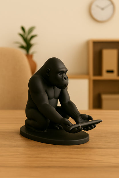 3D Siyah Goril Figürlü Dekoratif Telefon, Tablet Standı, Kalem Tutucu Heykel, Masaüstü Organizer