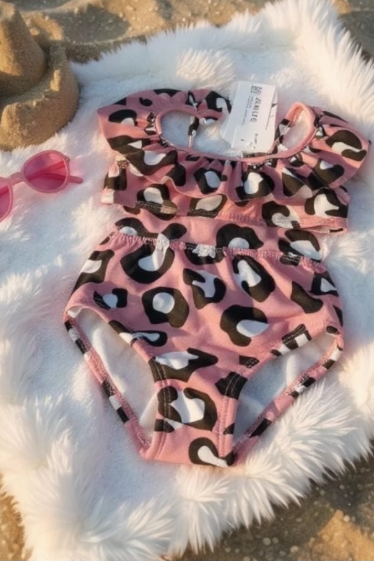 Kız Çocuk Pembe Leopar Desenli İki Parça Mayo Seti