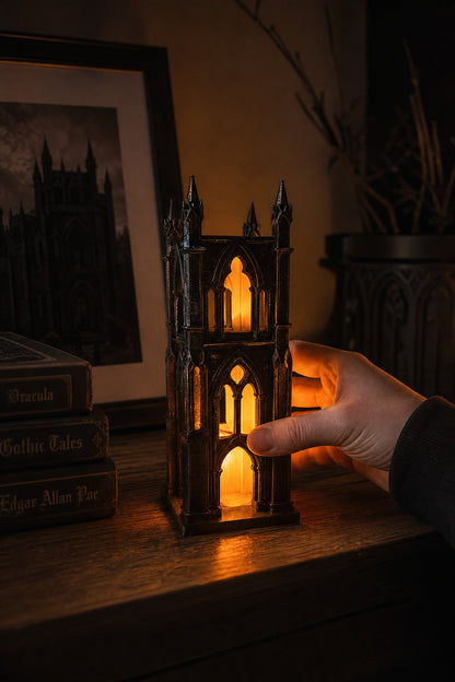 3D Siyah İskandinav Gotik Şato Tasarımlı Dekoratif LED Mumluk ve Ev Ofis Dekor Biblo
