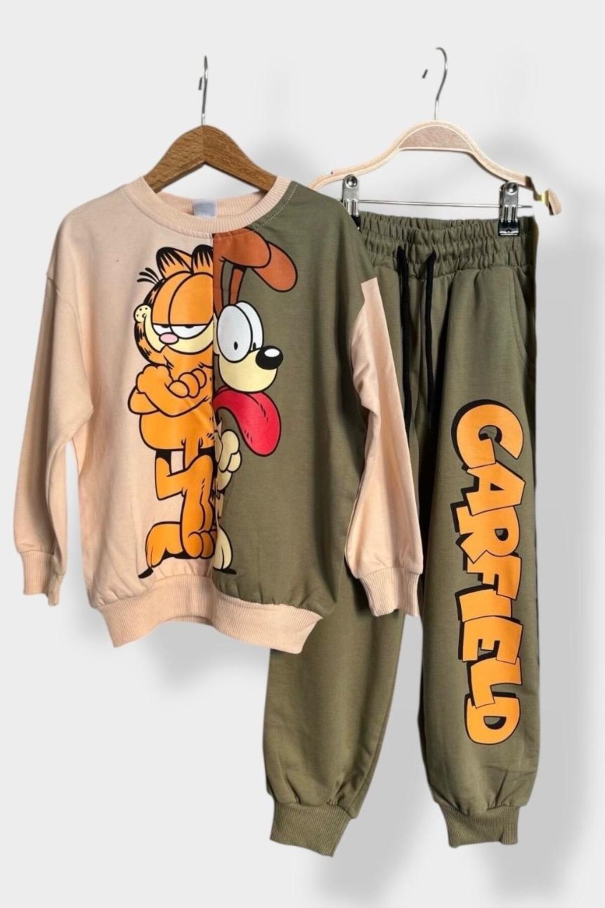 Erkek Çocuk Karakter Baskılı Alt Üst Takım Pamuklu Sweatshirt Eşofman Takımı - Haki