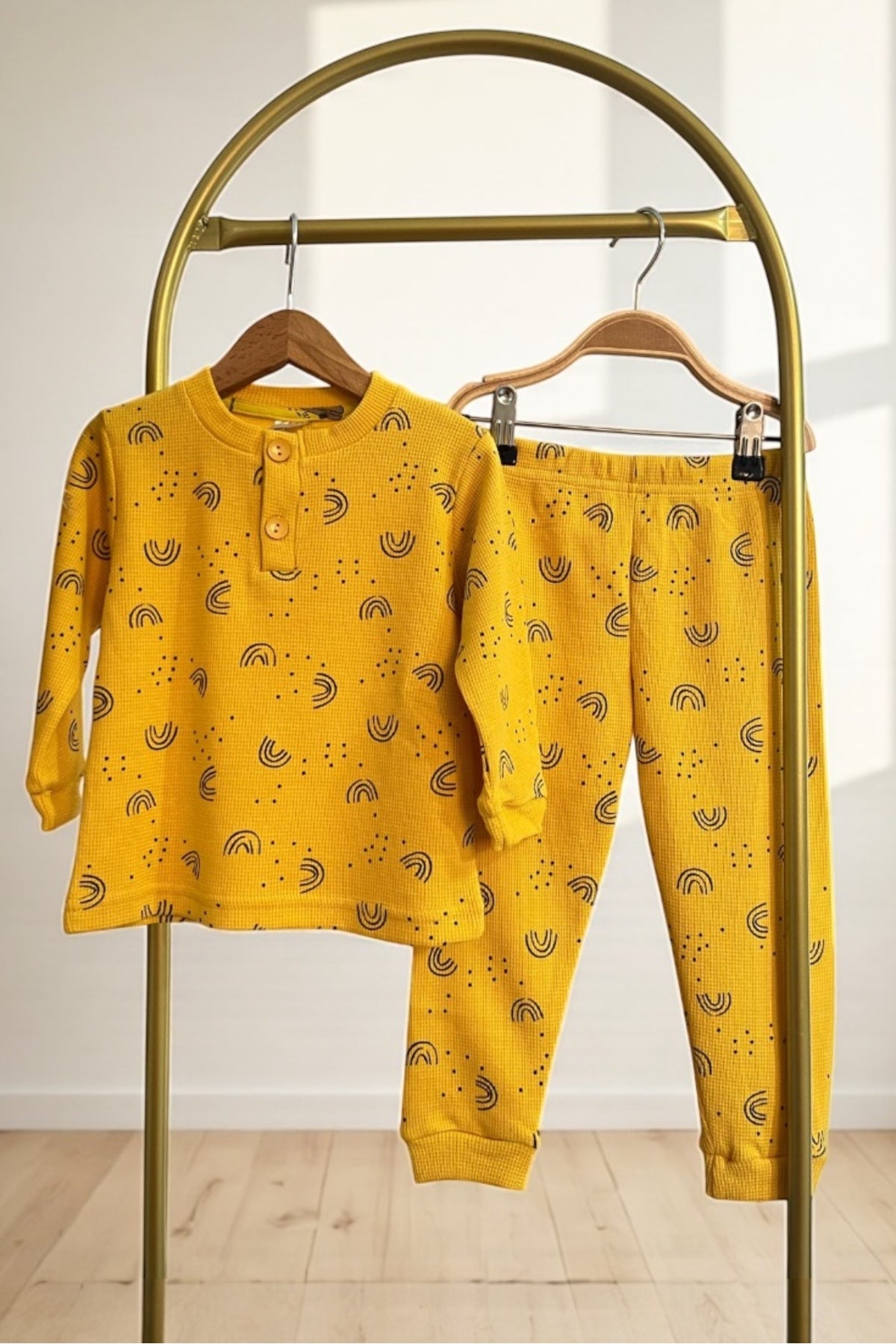 Kız/Erkek Çocuk Uzun Kol Desenli Pamuklu Pijama Takımı Waffle Kumaş